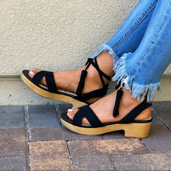 Genuine Leather Ankle Tassel Wrap Wooden Platform - Picture 5 of 9